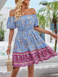 Bohemian Off Shoulder Puff Sleeve Print Beach Dress for Lady