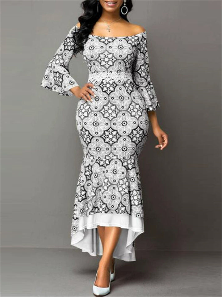 Women's Elegant Printed HIgh Waist Off-shoulder Asymmetric Hem Dress