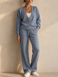 Women Button Up Knit Cardigan and Wide Leg Pants Two Piece Lounge Set