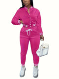 Women's Button Up Baseball Collar Striped Trim Cropped Top and Jogger Pants TrackSuit Set