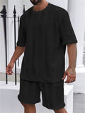 Men's Solid Color Jacquard Round Neck Top and Pants Set