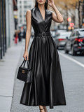 Ladies' Autumn Elegant All Black Faux Leather V Neck Sleeveless Tie-waist Maxi Dress