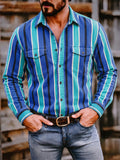 Men Striped Button Down Long Sleeve Chest Pocket Shirts