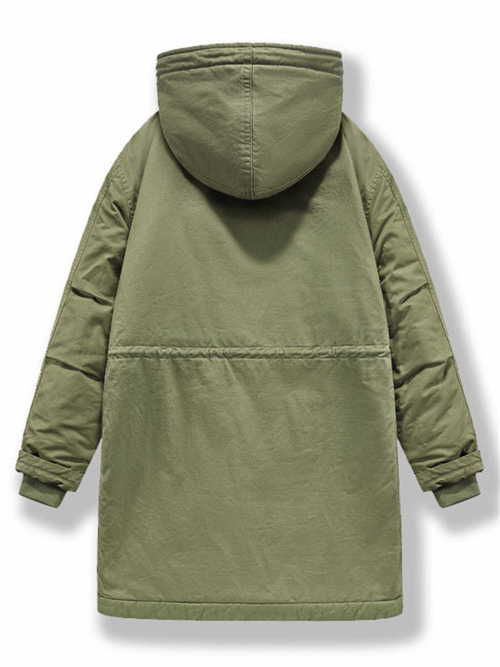 Men's Winter Casual Solid Color Pockets Tie-Waist Hooded Coat