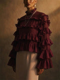 Women Ruffle Mock Neck Long Sleeve Chiffon Blouse