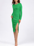 Women's Slim Fit O-neck Slit Knit Bodycon Dresses