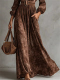 Autumn Vintage V Neck Pleated Puff Sleeve Maxi Dress for Women