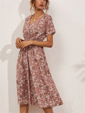 Women's Summer Holiday Style Floral Printed V Neck Midi Dress