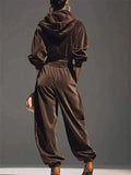 Women's Autumn Chic Coffee Velvet Hooded Top and Wide Leg Cuffed Pants Set