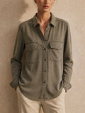 Women Chambray Denim Shirt Button Down Long Sleeve Pockets Top
