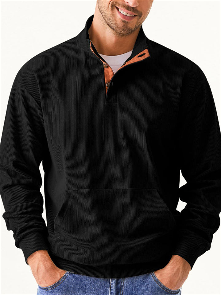 Men's Corduroy Contrast Color Stand Collar Pockets Shirt