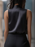 Women's Summer Chic Satin Black Semi High Neck Slim Halter Top