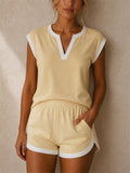 Womens Casual Contrast Trim V Notch Neck Shorts 2pc Set