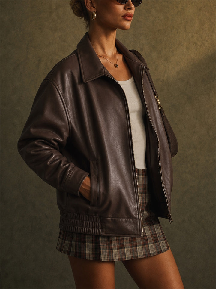 Womens Oversized Brown Faux Leather Vintage Bomber Jackets