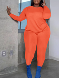 Plus Size Women's Simple Plain Color Long Sleeve Top Tight Pants Set