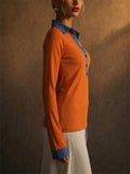 Women Long Sleeve Denim Contrast Polo Ribbed Henley Shirts