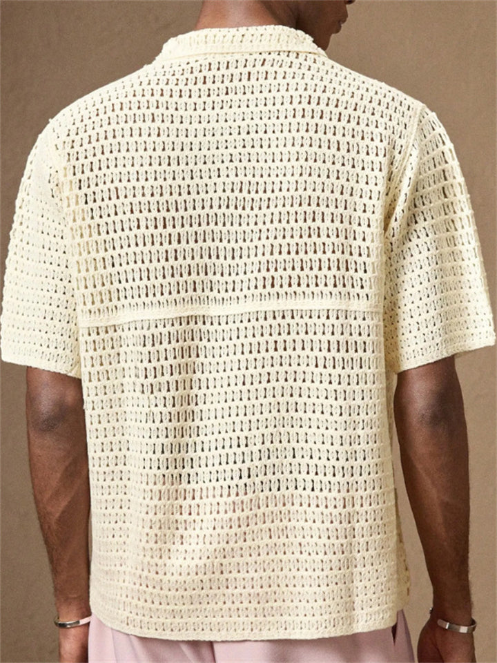 Men's Summer Hollow Cartoon Crochet Button Up Short Sleeve Polo Shirts