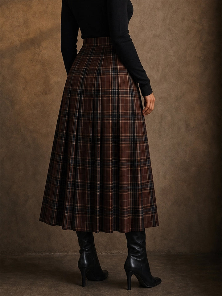 Women Vintage Brown High Waist Buckle Plaid Pleated Skirt