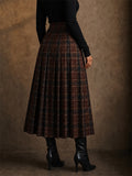 Women Vintage Brown High Waist Buckle Plaid Pleated Skirt