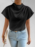 Ladies' Elegant Solid Color Semi-high Neck Short Sleeve Satin Blouses