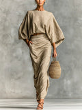 Women's Boho Casual Wear 2 Piece Set Bell Sleeve Crop Top and Draped Skirt Set