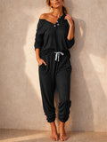 Women Viscose Lounge Set Button Down Off Shoulder Top Drawstring Pants