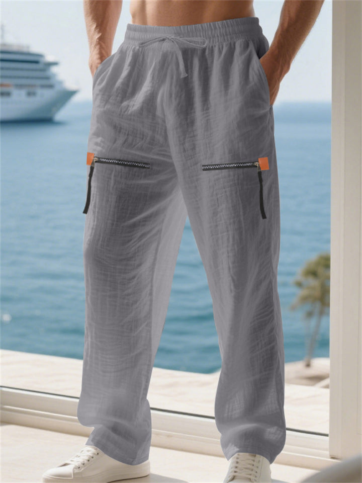Men's Casual Drawstring Mid-Waist Wide Leg Beach Trousers with Zip Decor