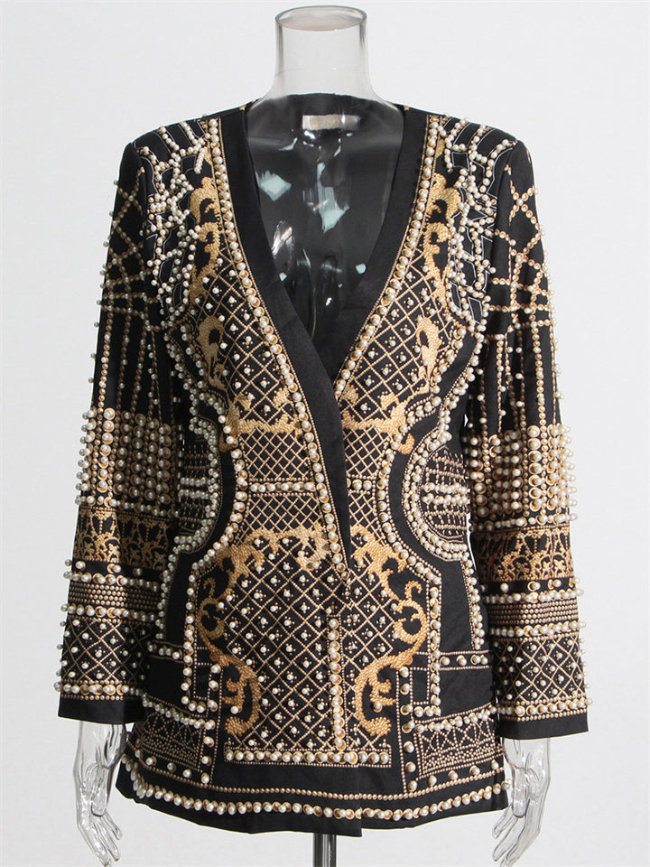 French Style Sexy Long Sleeve V-Neck Beaded Coat for Women