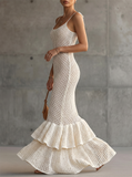 Women's White Crochet Knit Ruffle Backless Beach Mermaid Maxi Dress