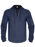 Men's Dark Blue Lace-Up Neck Hoodie with Zipper Pocket‌
