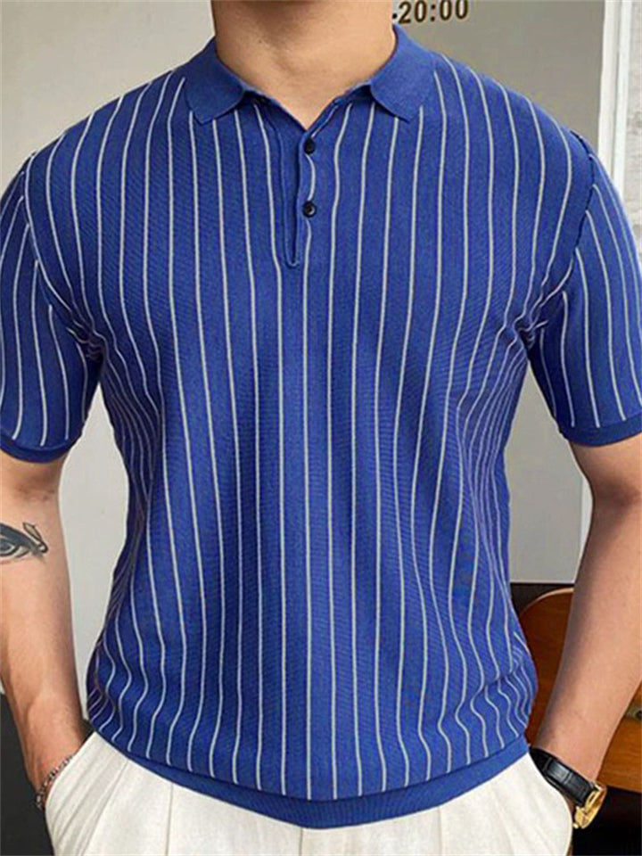 Blue Striped Slim Short-sleeved Lapel Polo Shirts for Men