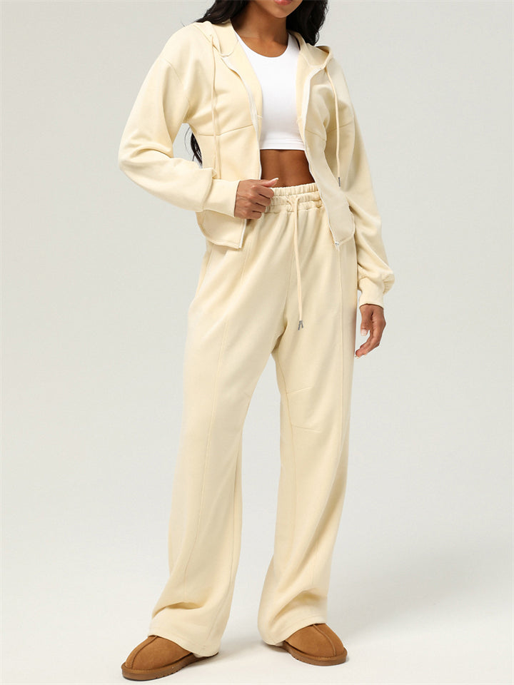 Women's Sporty Solid Color Slim Fit Cardigan Hooded Sweatshirts & Sweatpants Outfit