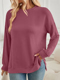 Women's Casual Solid Color Split Round Neck Long Sleeve T-Shirt