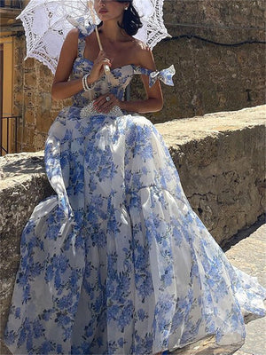 Blue Floral Print Organza Princess Dress