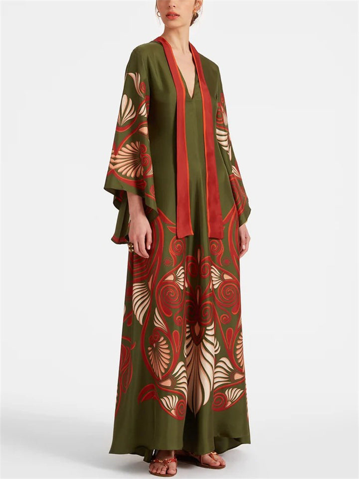 Women's Holiday Style Print Stand Collar V-neck 3/4 Sleeve Maxi Dress