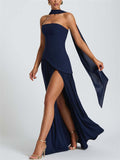 Women's Trendy Solid Color Strapless High Split Evening Dress