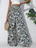 Women's Holiday Style Leaves Printed Chiffon High Waist Wide Leg Pants