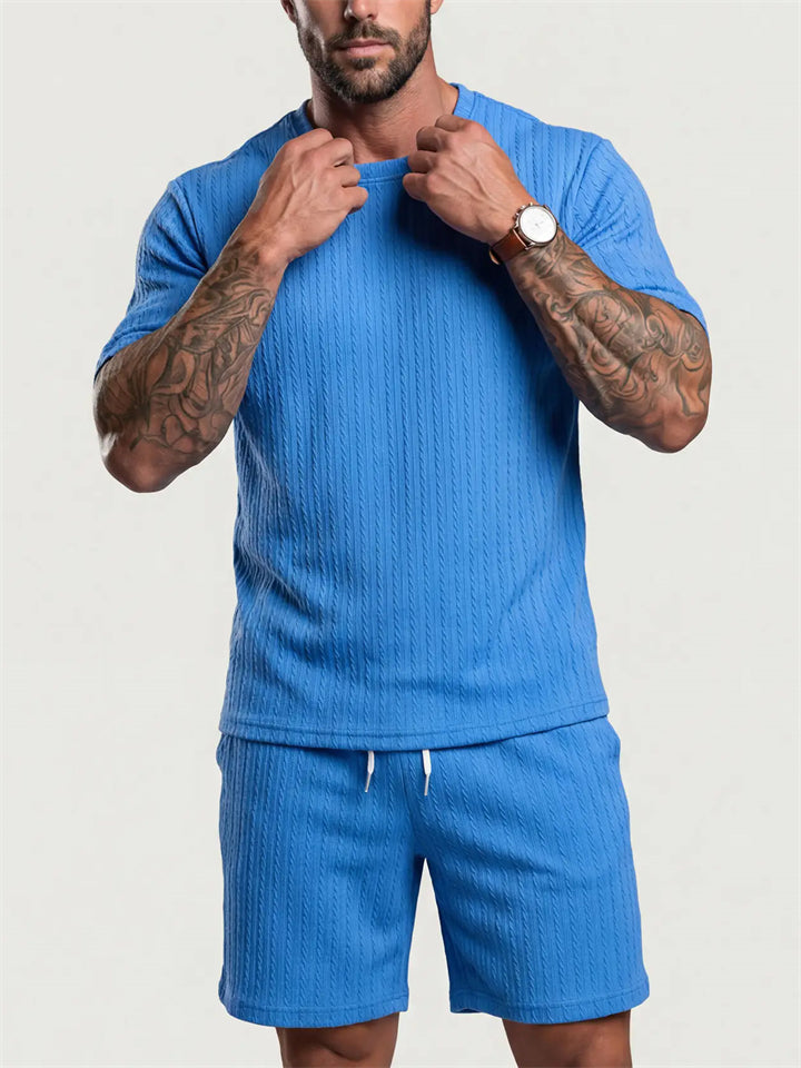 Men's Summer Ribbed 2 Piece Drop Shoulder Short Sleeve Casual Outfit