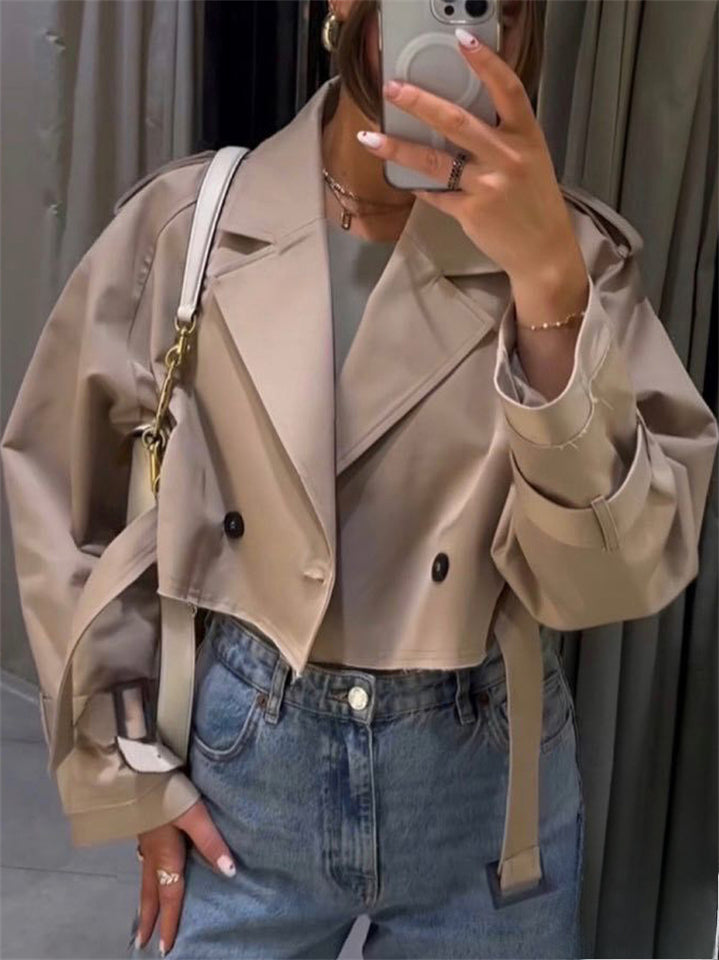 Women's Casual V Neck Double-breasted Short Trench Coat