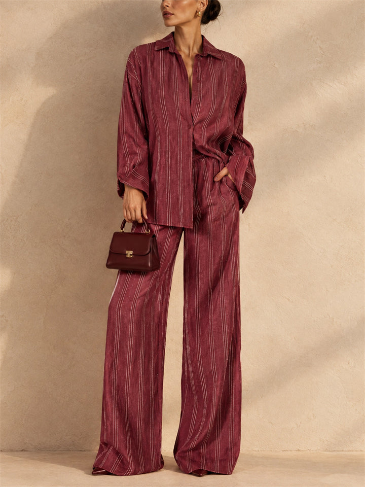 Women 2 Piece Button Down Striped Shirt and Wide Leg Pants Set