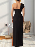 Women's Contrast Color One-Shoulder Floor Length Dress