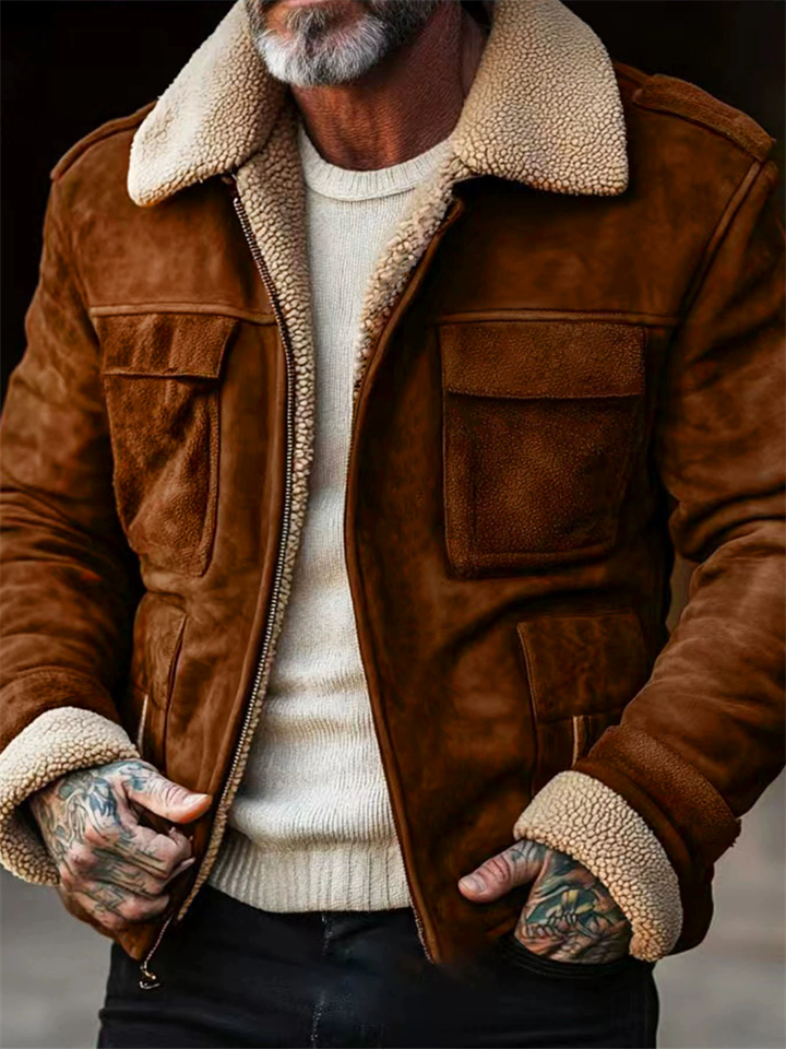 Men's Vintage Autumn Solid Color Pockets Lapel Zip Up Coat
