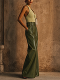 Women Faux Leather High Waist Wide Leg Belted Flared Pants