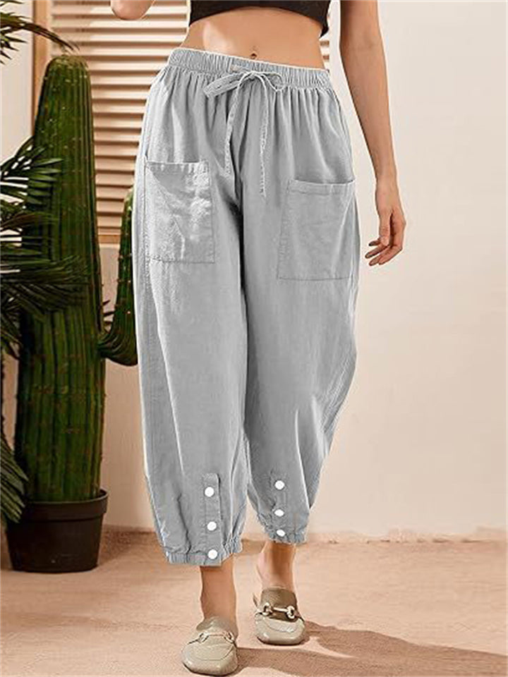 Women's Cotton Linen Buttoned Hem Pants with Pockets