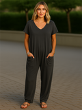 Women's Summer Solid Color V Neck Pockets Drop Crotch Jumpsuits