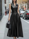 Ladies' Autumn Elegant All Black Faux Leather V Neck Sleeveless Tie-waist Maxi Dress