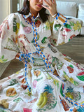 Ladies French Style Single-Breasted Puff Sleeve Print Dress