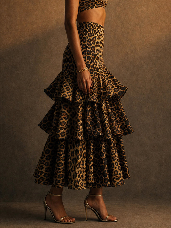 Women's Vintage Leopard Print Tiered Ruffle Skirts