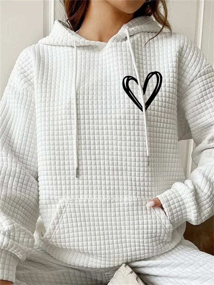 Women's Autumn Waffle Heart Printed Casual Long Sleeve Hoodie