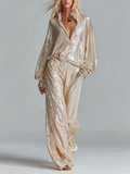 ‌Autumn Sexy Gold Sequin Half Zip Pullover Drop-Shoulder Top and Loose Fit Pants Set for Women‌